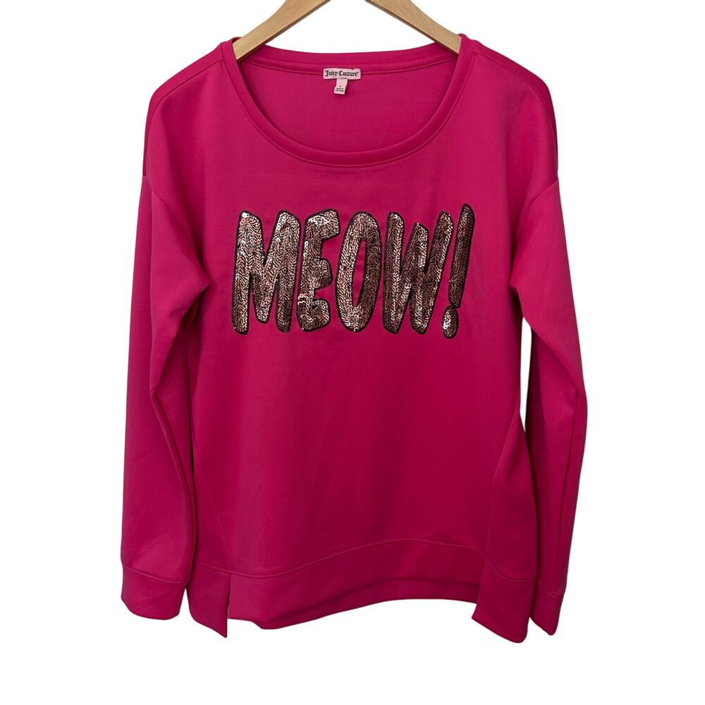 Juicy Couture Pink Cat Meow Pullover Top Sequins Womens Large Stretch Comfort